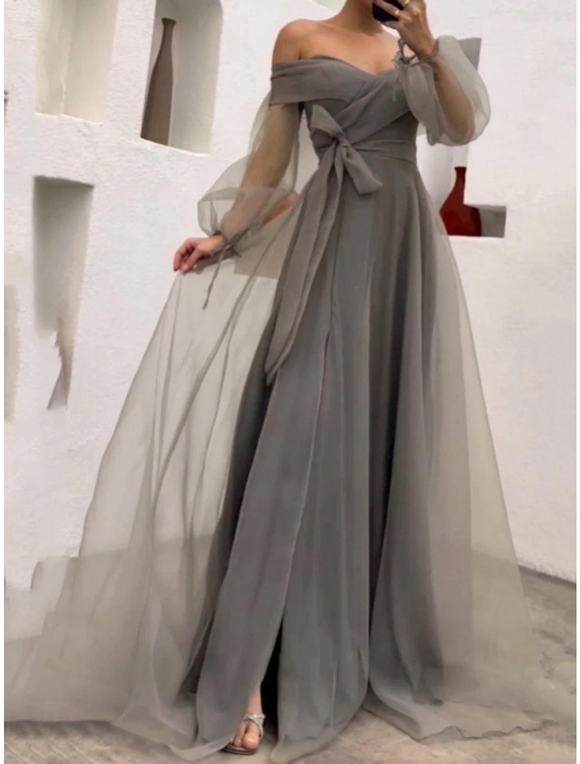 Sheath / Column Prom Dresses Princess Dress Wedding Party Sweep / Brush Train Long Sleeve Off Shoulder Belt / Sash Tulle with Bow(s) Pleats Slit 2025